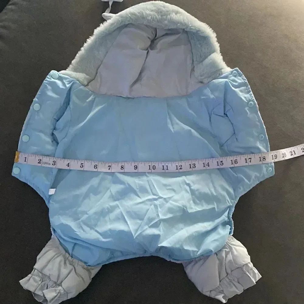 Dog Coat Puffer Jacket Blue with Cute Pom on Hood Size L NEW
